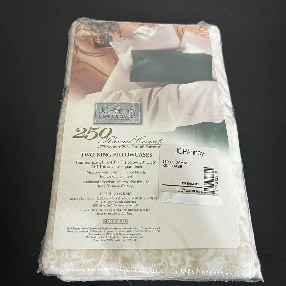 (2) Vtg JC Penney‎ King Size Pillowcases Floral Design Cream NEW 250 Thread USA